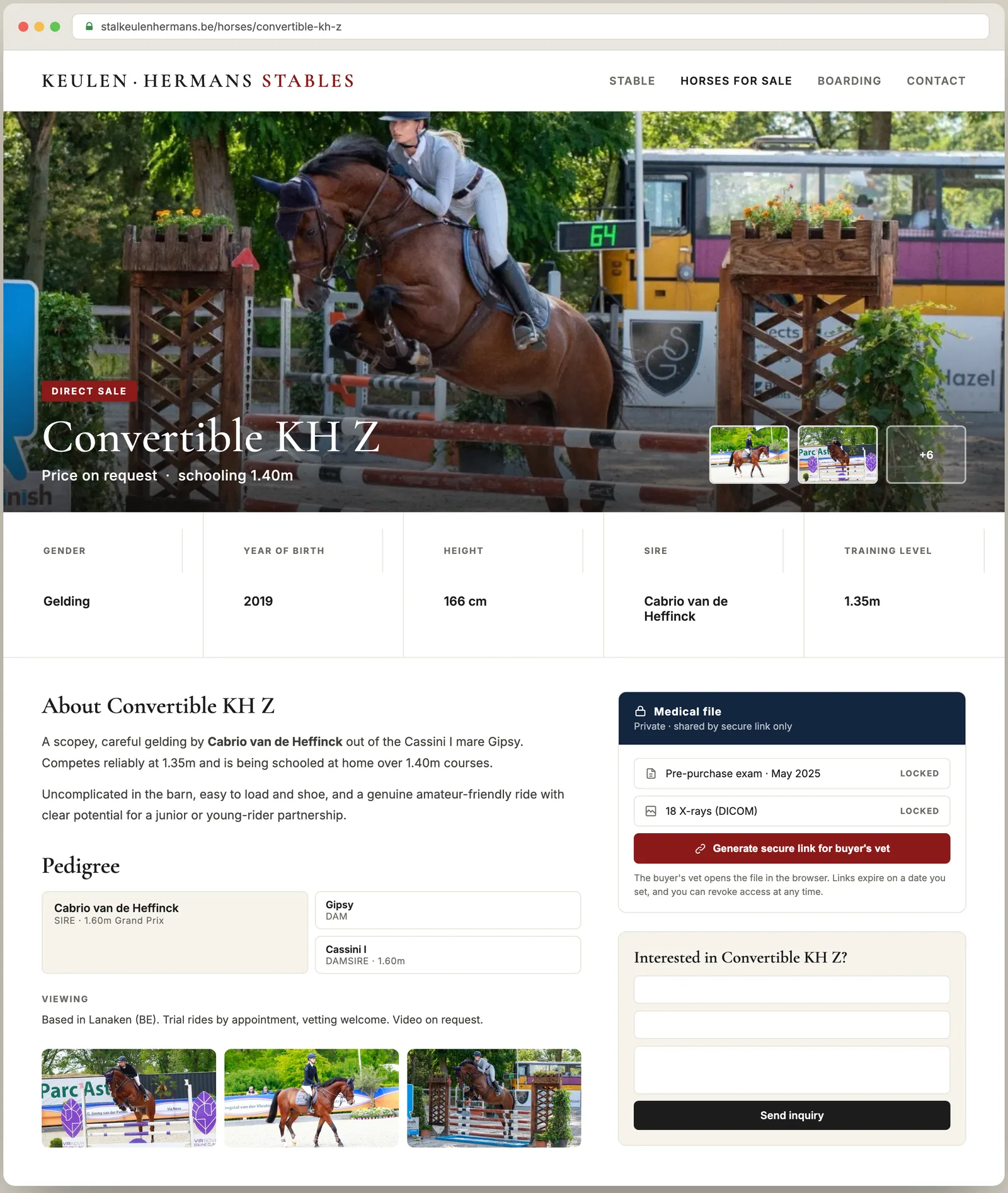 Een verkoopadvertentie voor Convertible KH Z op de eigen website van de stal, met foto's, afstamming en een priv&eacute; medisch dossier om r&ouml;ntgenfoto's te delen met de dierenarts van de koper